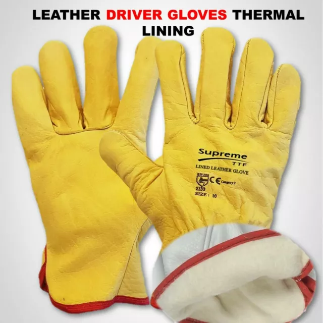 Premium Yellow Leather Driver Work Gloves Fleece Lined Lorry Truck Driving Glove