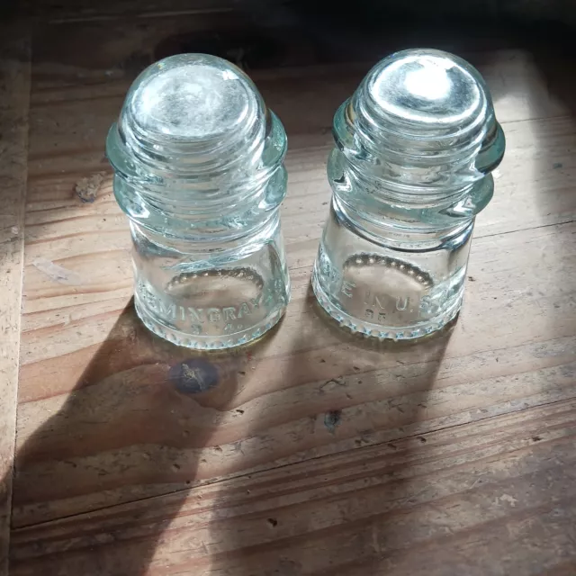 Hemingray 9 Antique Glass Telegraph Insulator Beaded Base Set of 2 Clear