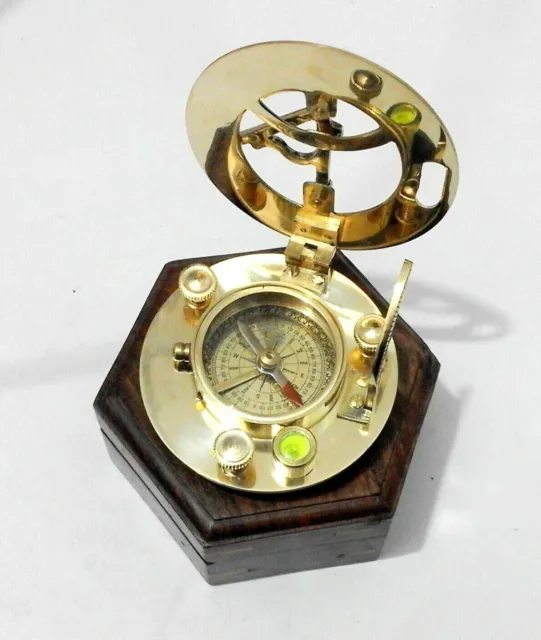 Antigua brújula de latón vintage 3" reloj de sol náutico con caja de madera decoración regalo