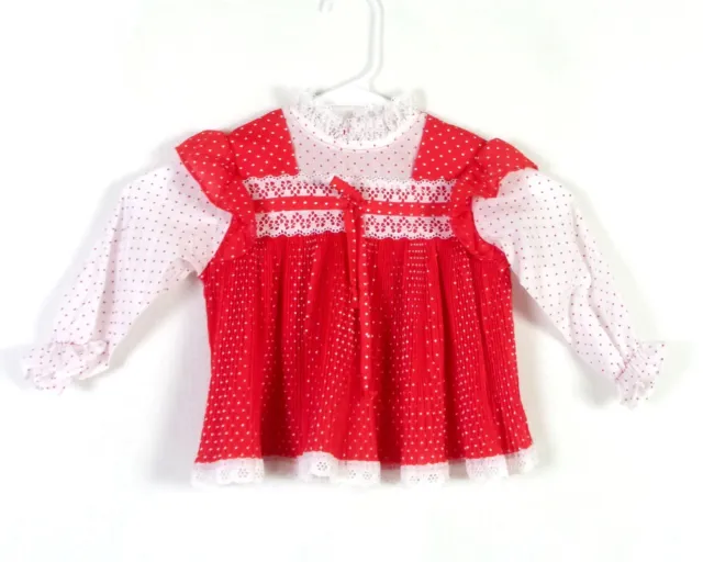 vtg 70s 80s Kids Baby Toddler Red White Frilly Swiss Dot Pattern Dress lace sz 3