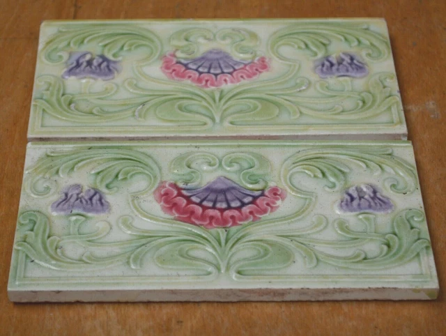 European - 2 Antique Art Nouveau Majolica Border Tiles C1900 2