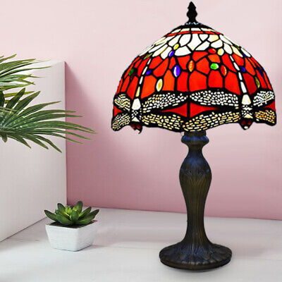 Tiffany Red and White Dragonfly Table Lamp 10 Inch Style Stained Glass Shade UK