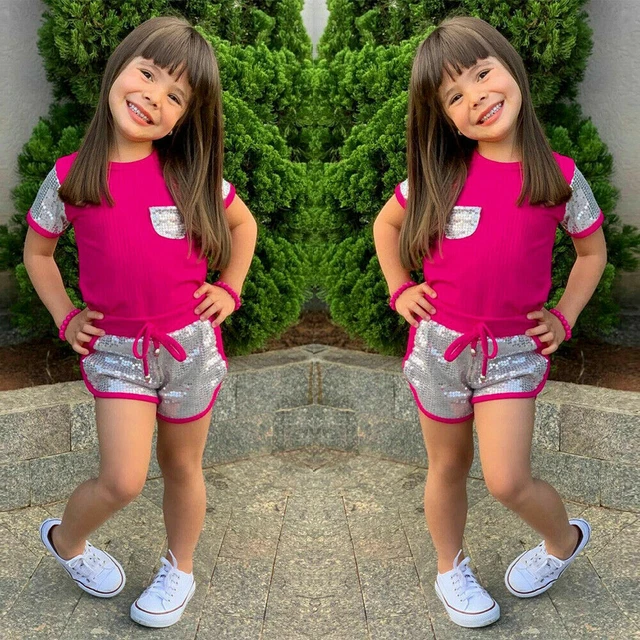 Toddler Kids Baby Girls Sequins Tops Shirts Shorts Outfits Summer Clothes Set