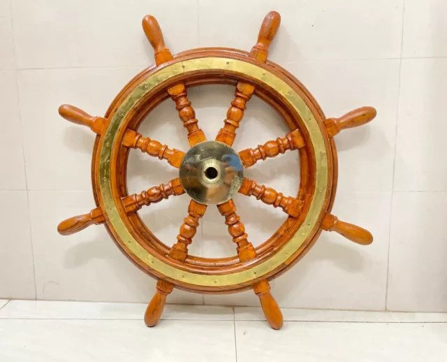 Nautical Collectible Wooden Ship Steering Wheel Brass - Ocean Wall Decor Accent