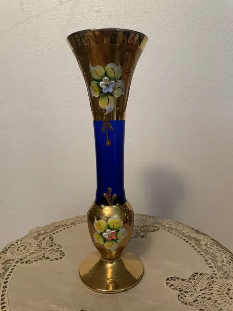 Vintage Cobalt Blue Gold Hand-Painted Floral Bohemian Venetian Glass Bud Vase 8”