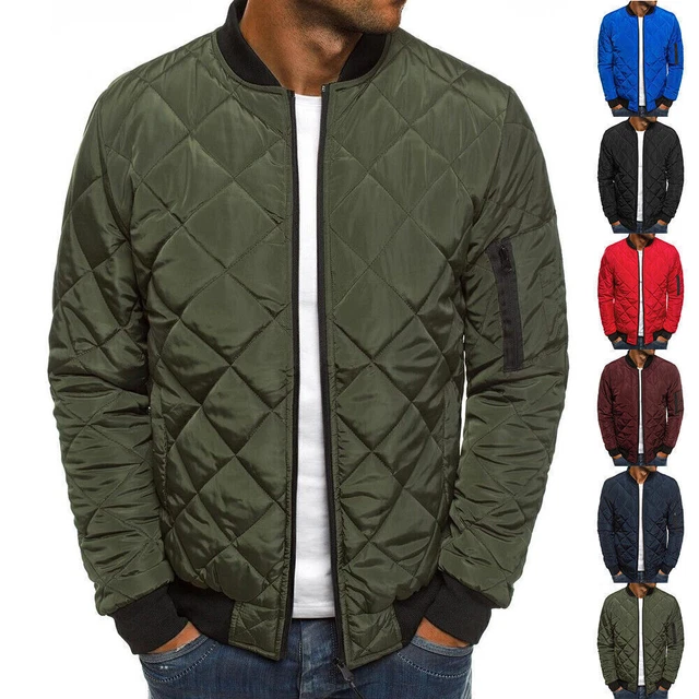 Men Winter Warm Bomber Diamond Quilted Jacket Thick Zipper Puffer Coat Outwear