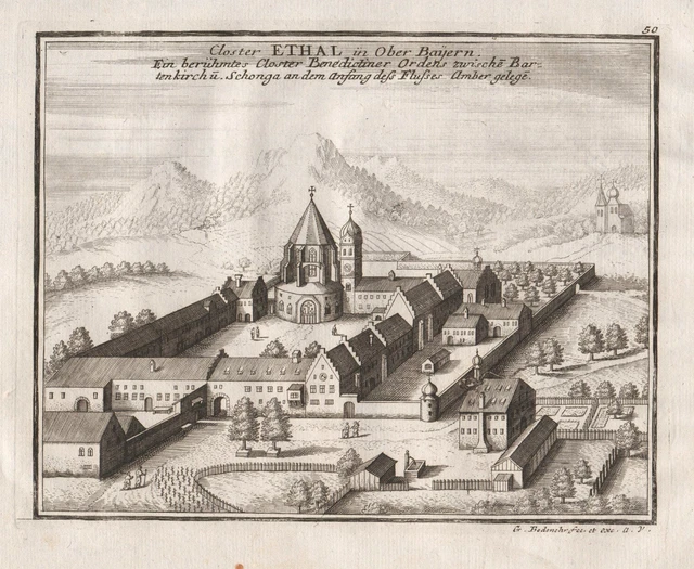Monastero Ettal Alta Baviera Vista Engraving Incisione Bodenehr 1720