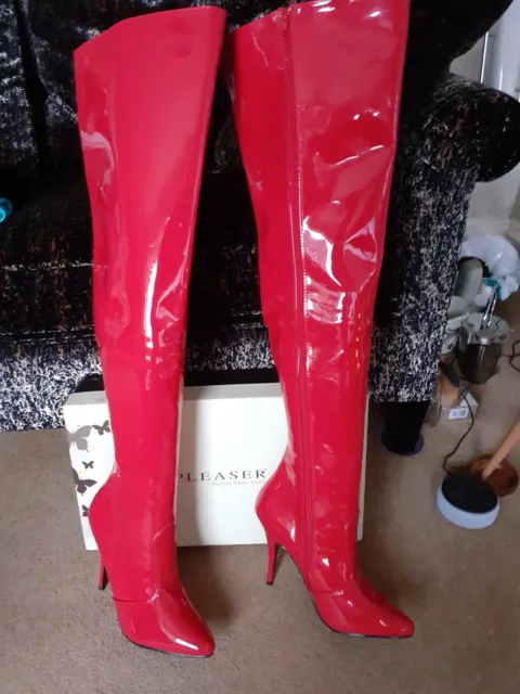 "Pleaser"(Usa Brand)Shiny Red Patent Thigh High Boots-Full Zip-Stiletto Heel-Sz8