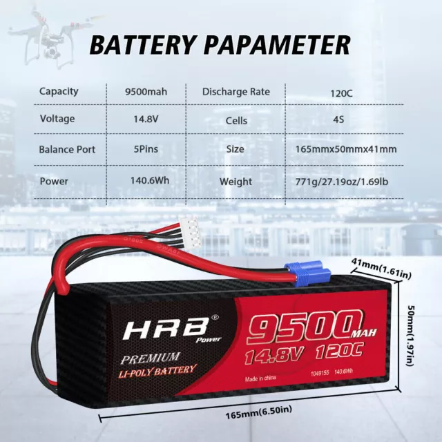 2PC 4S 9500mAh 14,8V 120C EC5 Lipo Akku RC Arrma 8s Kraton Outcast Auto LKW Akku 2