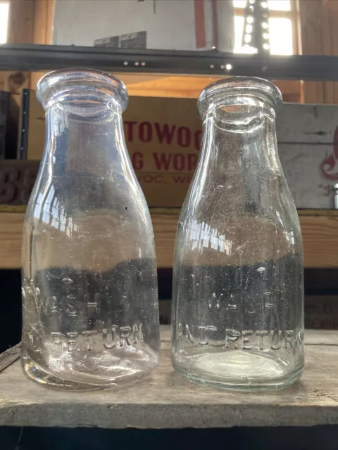 2 Early Vintage Pint Milk Bottles Crude, Bubbles In Glass Dairy Bottle