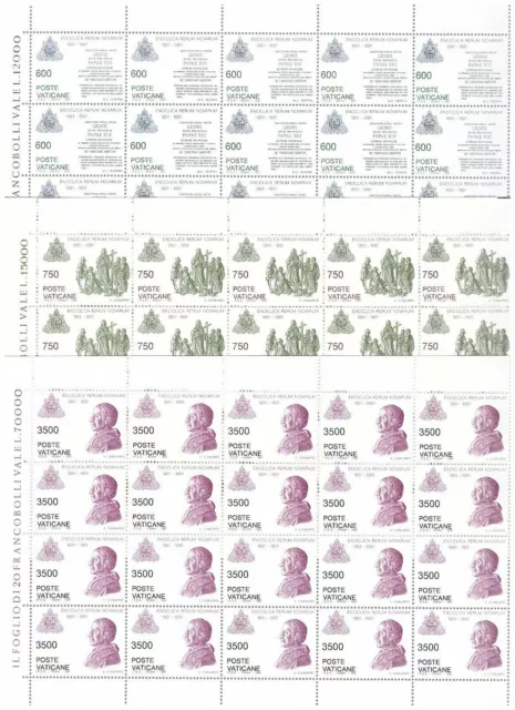 s19556) VATICANO 1991 MNH** Nuovi** Rerum Novarum 3v Foglio NON PIEGATO