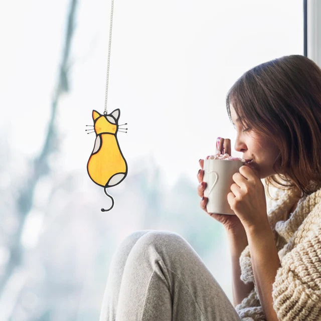 Chat De Lune Suspendu Chaîne Fer Fenêtre D'art Verre Suspendue