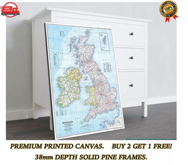 Great Britain GB UK Map Large CANVAS Art Print Gift A0 A1 A2 A3 A4