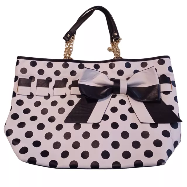 BETSEY JOHNSON Women's Bow Satchel Bag Purse White Black Polka Dot Faux Leather