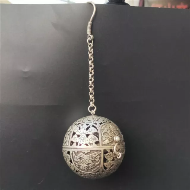 Exquisite Old Chinese tibet silver handcarved flower bird Hang incense burner