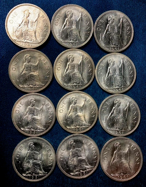 Vintage Great Britain Coin Lot - 1961 - 12 PENNIES - UNCIRCULATED RED - Lot #D6