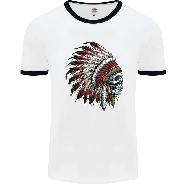 Indian Skull Headdress Biker Motorbike Mens Ringer T-Shirt