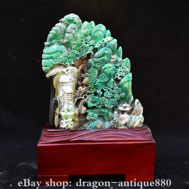 12.2" Old Chinese Dushan Jade Carving Mountain Tree People Bridge Sculpture