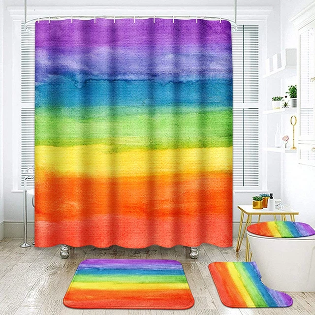 Artsocket 4 Pcs Shower Curtain Set Rainbow Watercolor Stripe Abstract Colorful S