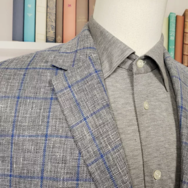 Vistula Blazer Mens 46 Super Slim Linen Blend Gray Blue Windowpane Two Button