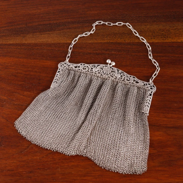 Heavy Vaguer French Victorian 800 Silver Mesh Purse Pierced Frame Gryphons