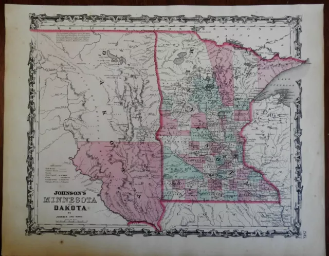 Minnesota and the Dakotas Lake Superior 1862 Johnson & Ward map scarce Issue