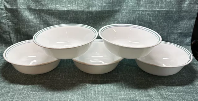 Corelle COUNTRY COTTAGE Set of 5 Soup/Cereal Bowls White Blue/Green Stripes