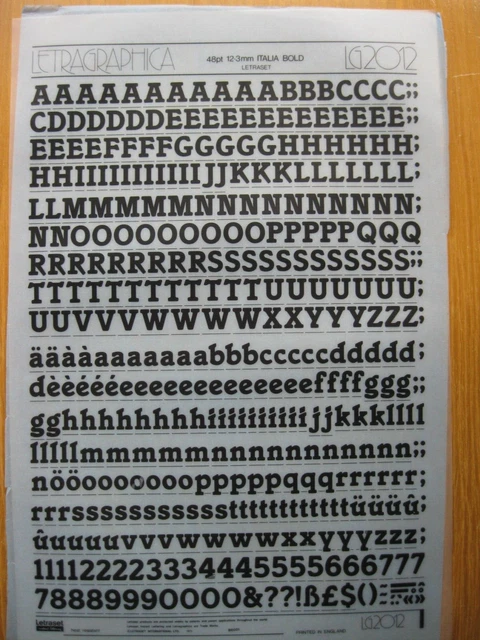 1 x Letraset Upp/Low Case & Num ITALIA BOLD 12,3 mm 48pt Blatt LG2012 (R)