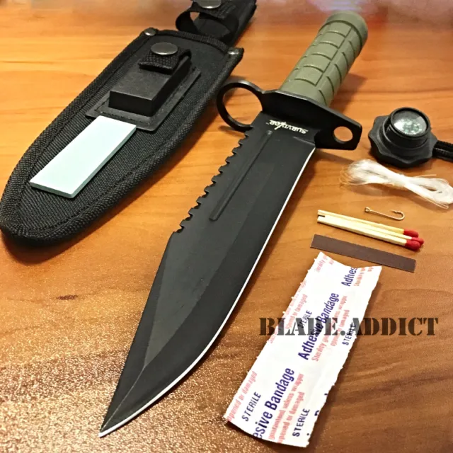 12" Tactical Hunting Army Rambo Fixed Blade Knife Machete Bowie w/ Survival Kit