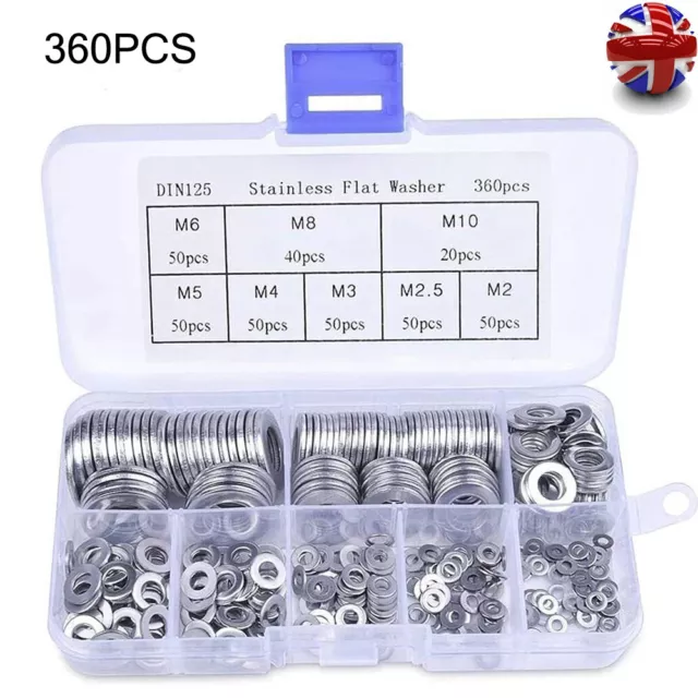 360pcs stainless steel flat washer for metric bolts set M2-M10 M2.5 M3 M4 M5 M6