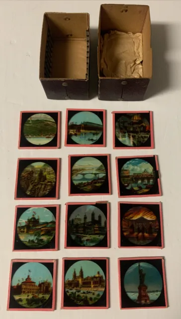 Antique Magic Lantern Slide Set of 12 marked JS ~ Countries Location Scenic
