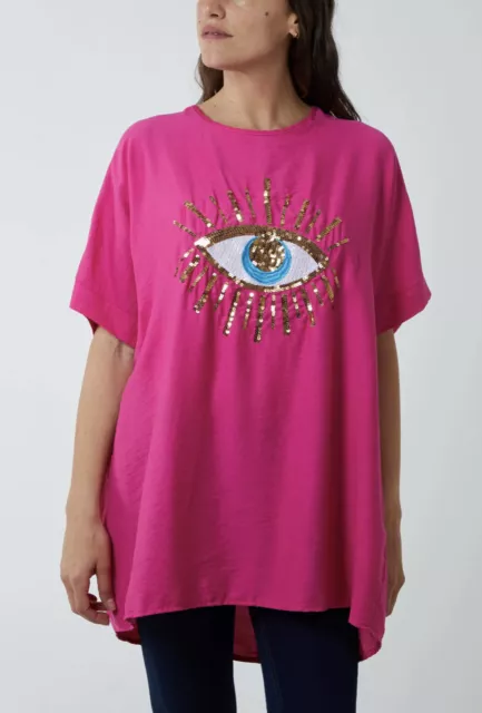 New Ladies Womens Sequin Evil Eye Short Sleeve Dress Plus Size Top BNWT