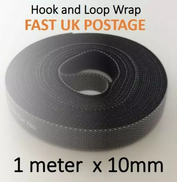 1 Meter x 10mm Cable Wrap Hook & Loop Tape Strap Reusable Ties - FAST POST - UK