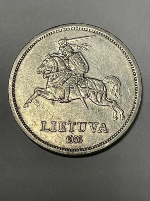 1936 Lithuania 5 Litai Silver Coin - Very Nice Detail - .750 Silver