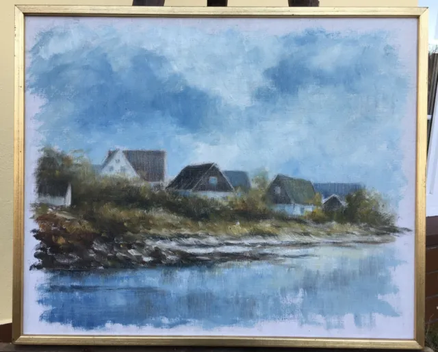 Pintura Al Óleo Impresionista Carl Julius Casas Am Mar Báltico Suecia 54 X 65CM 2