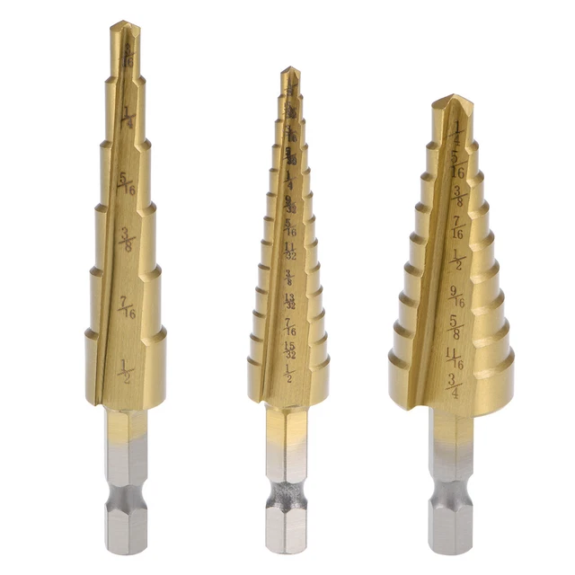 Titanium Step Drill Bits 1/4-3/4” 1/8-1/2” 3/16-1/2” Hex Shank Metal Wood 1 Set