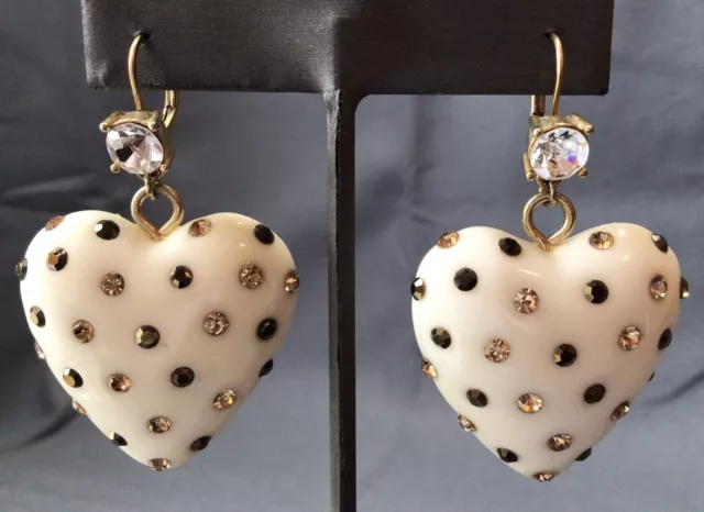 Betsey Johnson  White Lucite Puffy Heart Brown Crystal Earrings Large Vintage