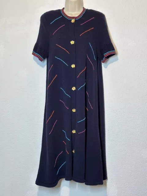 VTG ALNORAL by Al Spokavicius Dress M/L Short Sleeve Navy Blue Aline Embroidered