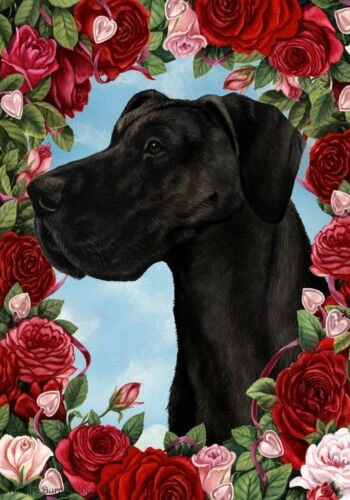 Roses Garden Flag - Uncropped Black Great Dane 190601