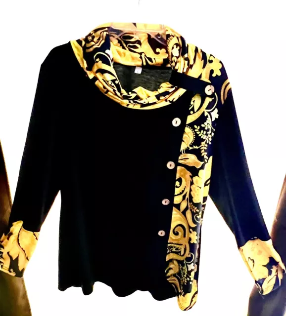 Womens Black With Yellow Long Sleeve Tops Casual Loose Blouse Pullover New Large