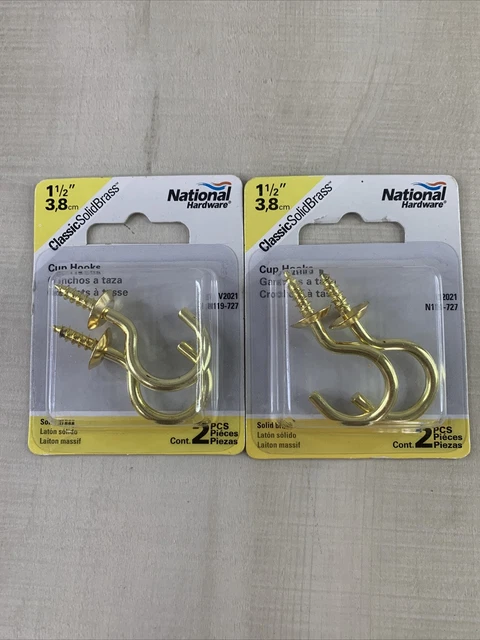 Lot Of 2 (2pack) National Hardware Solid Brass Cup Hooks 1-1/2 inch 4 Pack NEW
