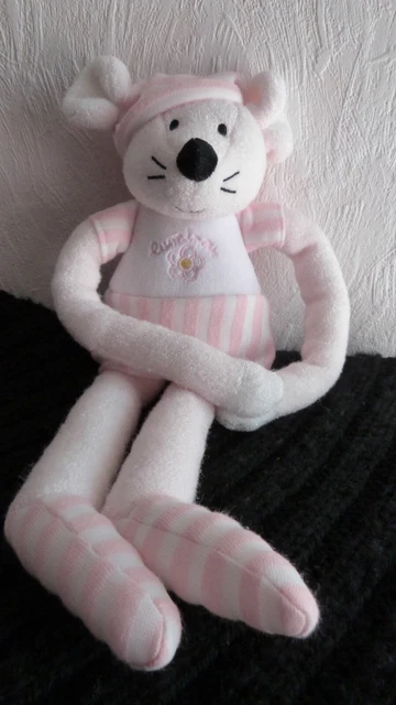 doudou peluche  souris  jemini luminou    robe ,grand  bonnet rayé rose et blanc