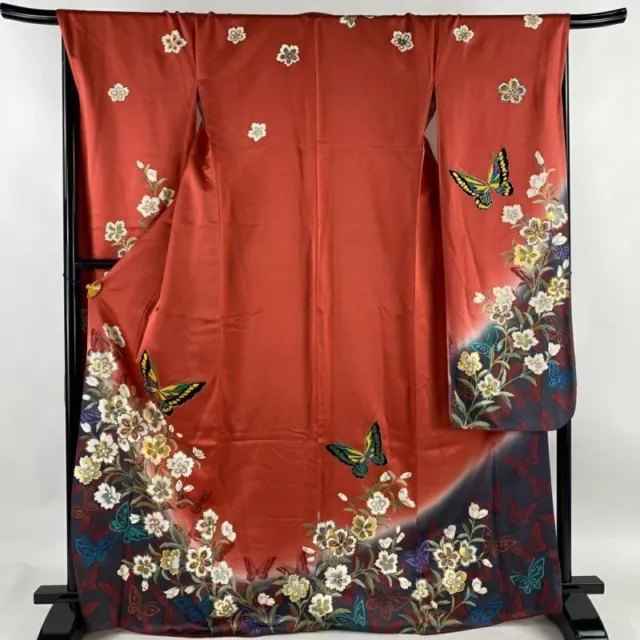 Woman Japanese Kimono Furisode Silk Butterfly Flower Gold Thread Foil SalmonPink