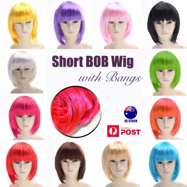 Womens Short Straight BOB WIG Hair Party Wigs Sleek Synthetic Cosplay Hens Bangs