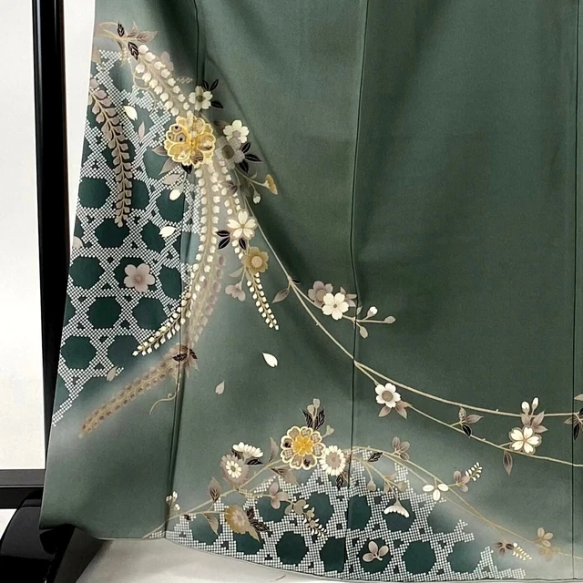 Japanese kimono  "TUKESAGE" Woven-Bamboo, SAKURA, Gold leaf, Gray ,L5' 4"..3428 3