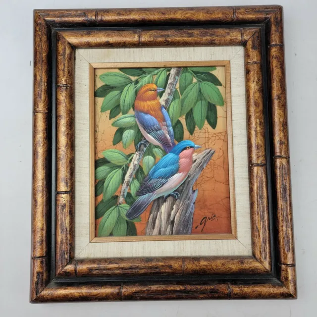 Painting Gris Audubon Birds Oil on Leaf Thailand Mid Cent Original Art