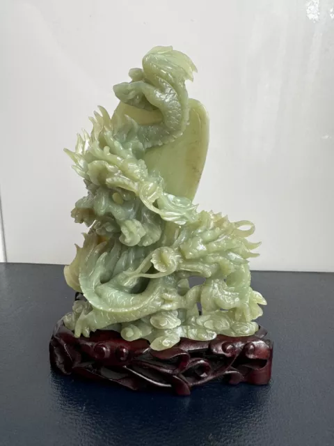 Jade Nephrite Type Hardstone Carved Chinese Dragons Sculpture Wooden Stand
