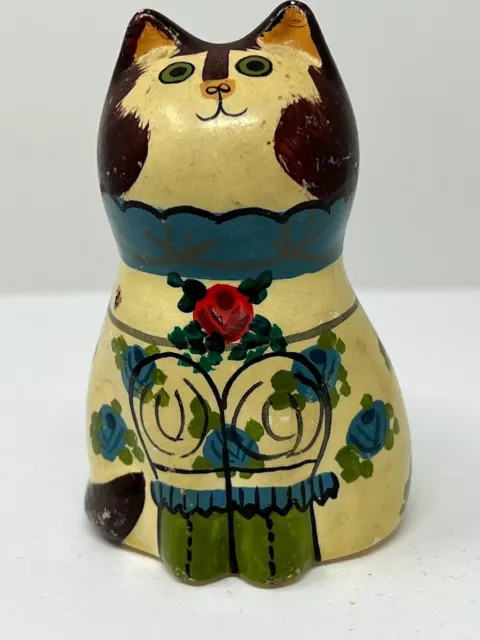 Vintage Ceramic Hand Painted Blue Floral Cat Figurine Mid Century Modern