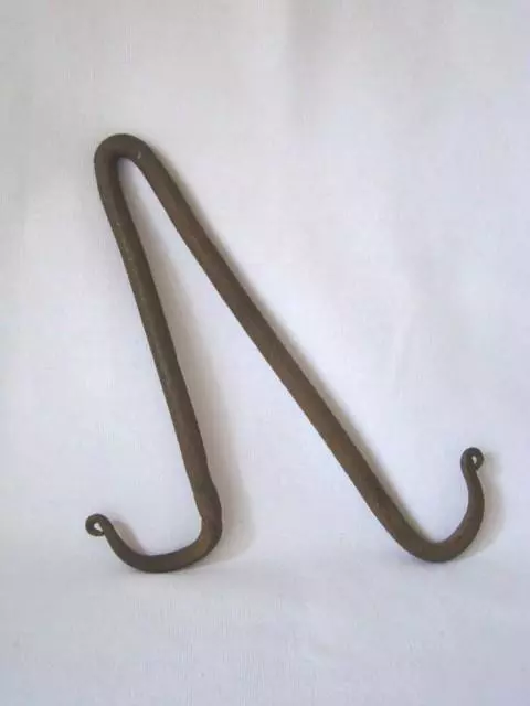 Primitive ANTIQUE Forged Iron DUAL HOOK, Rat Tail Ends, Trammel Fireplace Tool