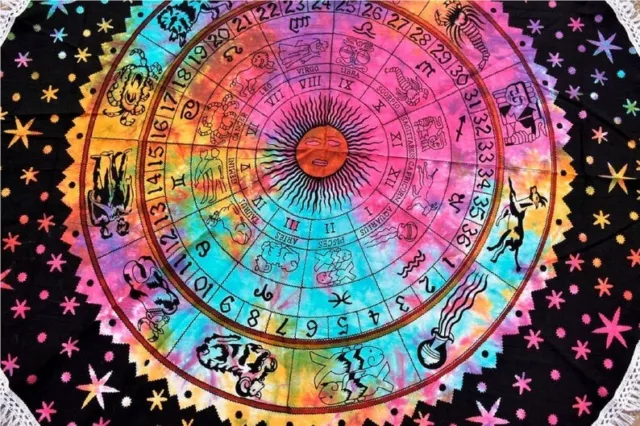 Indian Multicolor Zodiac Cotton Picnic Rug Round Tapestry Beach Yoga Mat Rugs US 3